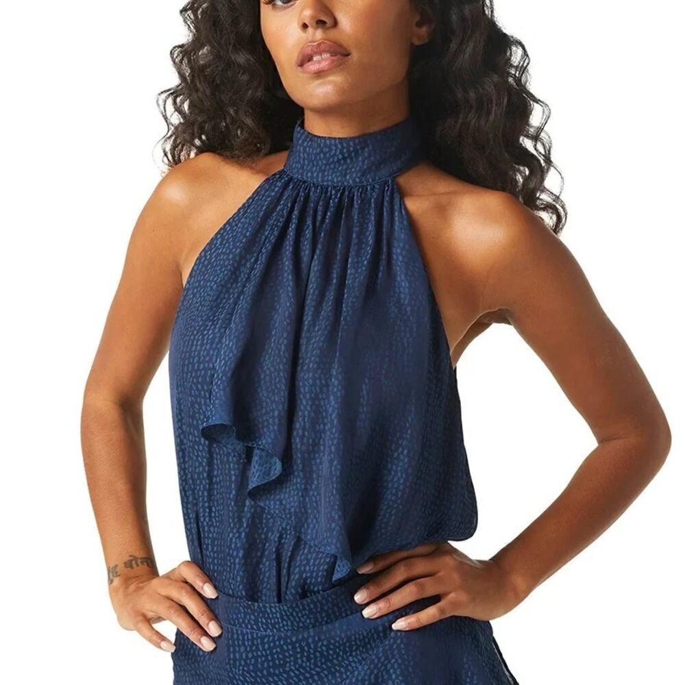 Misa Anka Top Cerulean Jacquard Dot Sleeveless Halter Neck Blouse Blue NWT XS